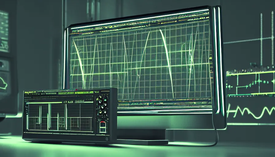 Prompt: rct screen showing oscilloscope on old soviet machine, volumetric lighting, photorealistic rendering, artstation, redshift, octane, golden ratio