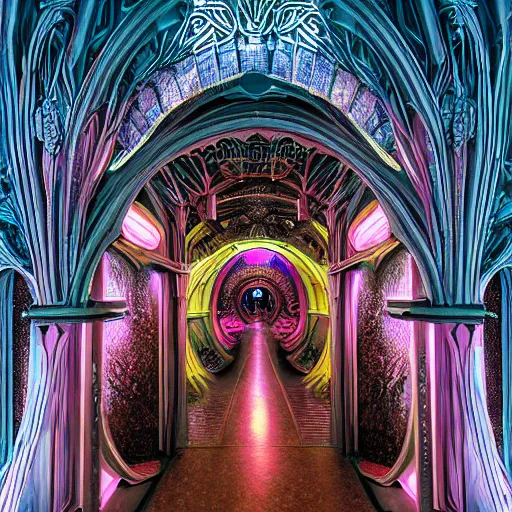 Image similar to photograph cavern mansion crashed spaceship palace weird fantasy art nouveau intricate details sacred by syd mead, benoit mandelbrot, antoni gaudi, moebius, alex grey