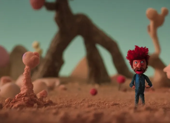 Prompt: cinematic screenshot portrait of a stop motion claymation film about a wacky adventure starring taika waititi, shallow depth of field, 1 8 mm, f 1. 8