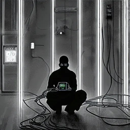 Prompt: A single monk kneeling with wires connecting him to a computer, Nirvana, Machines and wires everywhere, flashing neon lights, creepy, dark shadowy surroundings, dystopian scifi, horror, Stefan Koidl inspired