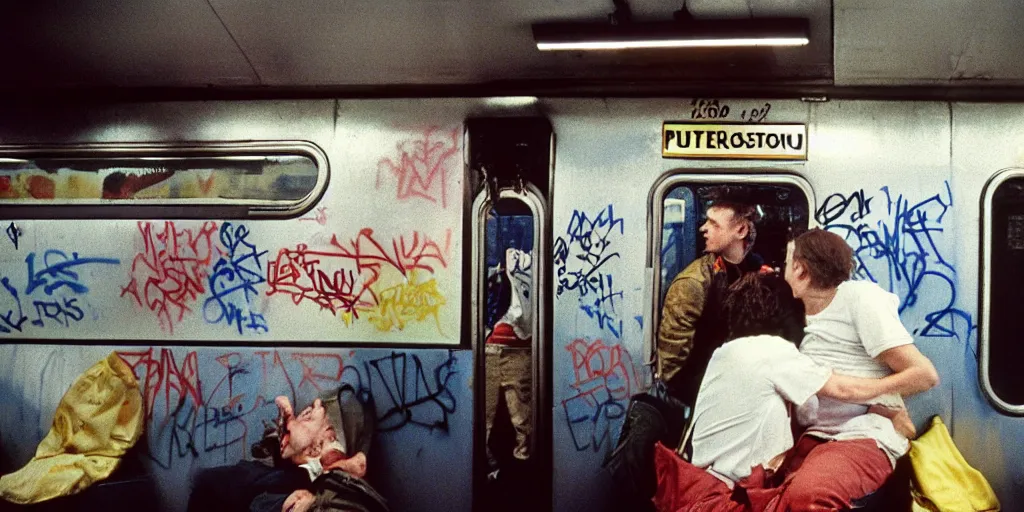 Image similar to new york subway cabin 1 9 8 0 s inside all in graffiti, policeman closeup, coloured film photography, christopher morris photography, bruce davidson photography