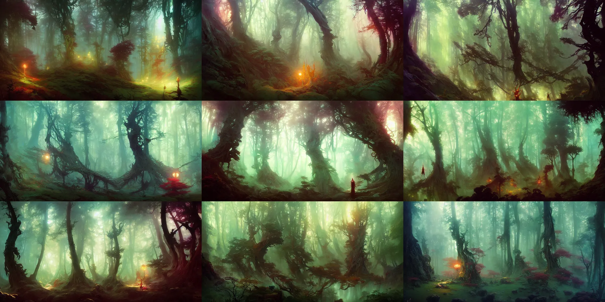 Prompt: mystical forest, fantasy, art by finnian macmanus, ross tran, peter mohrbacher, ruan jia, reza afshar, ivan aivazovsky, marc simonetti, victo ngai, alphonse mucha