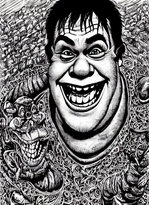 Prompt: portrait of shrek laughing, intricate, highly detailed, illustration, art by junji ito, junji ito