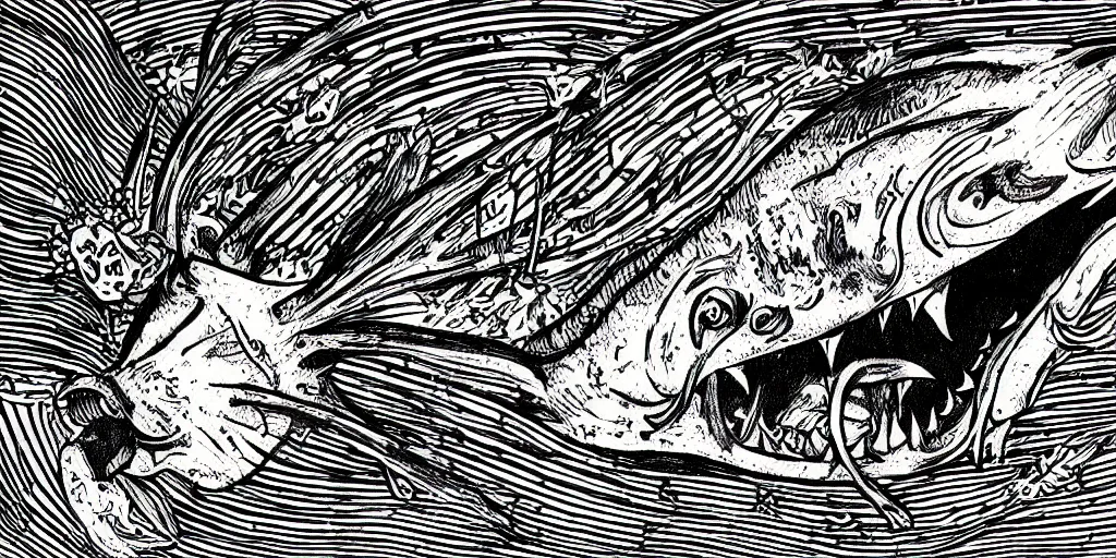 Image similar to illustration of an angler fish, in the stle of yoshi yoshitani, deep sea, large mouth filled with pointed teeth, stylized linework, ornamentation, artistic