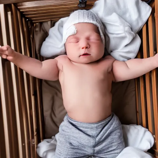 Image similar to huge muscles bodybuilder baby sleeping in a crib, newborn picture, barrel chested, rippling muscles, huge veins, bulging muscles, ripped, award winning photography, high detail