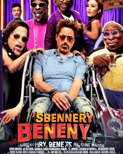 Prompt: movie poster for weekend at bernie's 3, robert downey jr in a wheelchair with dark sunglasses, robert downey jr. in a wheelchair playing slot machine, pallid grey facial flesh, cinematic lighting, rigor mortis inanimate corpse in a wheelchair, movie poster for robert downey starring in weekend at bernie's, bernie goes to casino with whoopi goldberg, and steve martin