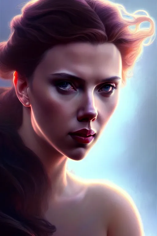 Image similar to portrait of scarlett johansson, long hair, fantasy, elegant, intricate, full frontal shot, highly detailed, digital painting, artstation, concept art, sharp focus, illustration, art by artgerm and greg rutkowski and alphonse mucha