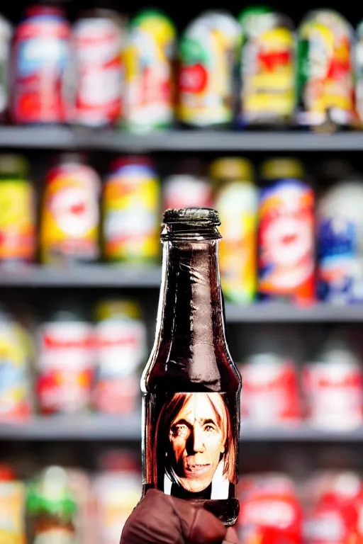 Prompt: a glass bottle of cola with iggy pop's head on it, sitting on a shelf