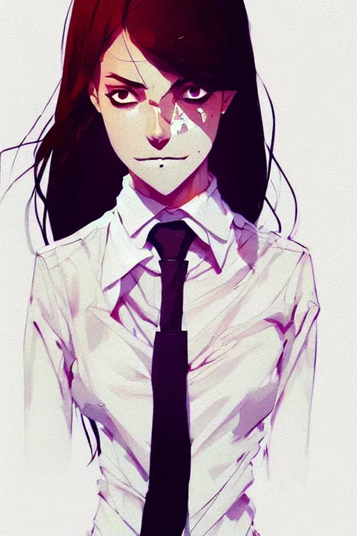 Image similar to a ultradetailed full body portrait of a woman dressed in a white shirt with a tie, by conrad roset, greg rutkowski and makoto shinkai trending on artstation