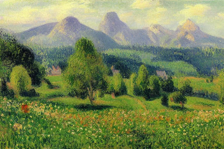 Prompt: a meadow with flowers, mountains in the background, plains, painting by Camille Pissarro