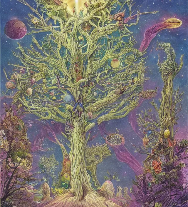 Image similar to aliens grow humans from the cosmic tree of life, whilst it absorbs all galactical and masonic energy fields, by daniel merriam, deep and rich colours,