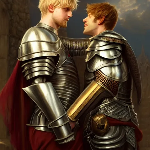 Image similar to attractive arthur pendragon and his favourite attractive male knight, they are in love, camelot, natural lighting, path traced, highly detailed, high quality, digital painting, by gaston bussiere and ross tran and j. c. leyendecker