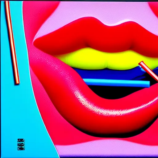 Image similar to lips on plastic straw by shusei nagaoka, kaws, david rudnick, airbrush on canvas, pastell colours, cell shaded, 8 k