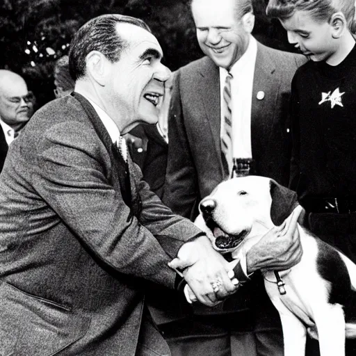 Image similar to Richard Nixon petting the family dog, Checkers. White House photo.