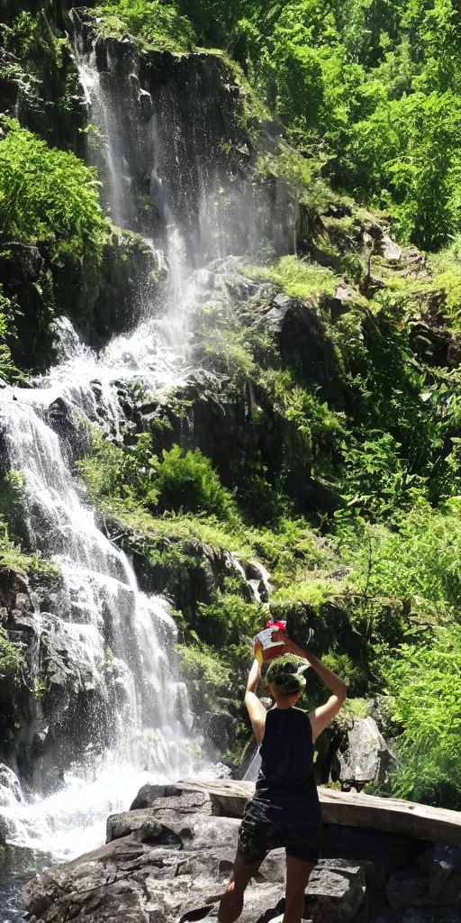 Image similar to water bottle being poured, the water coming out merges with a waterfall that is visible in the background, painting, sunny day