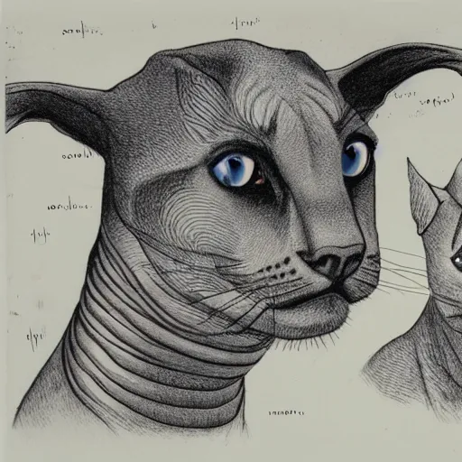 Prompt: siamese cat cow hybrid, anatomical drawings, hp lovecraft, old paper manuscript, fineline detail, cinematic quality, high octane