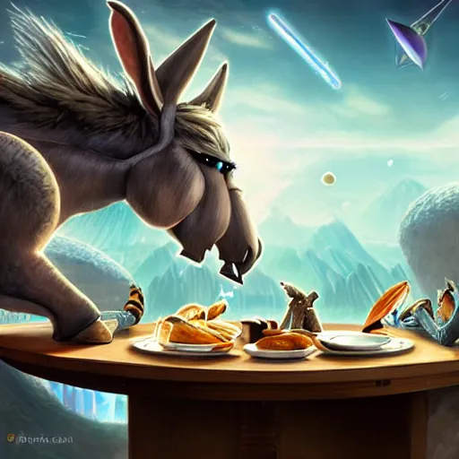 Image similar to ultrarealistic, ultradetailed, battle donkey eating breakfast, sitting on a futuristic table with aliens, at the end of the universe, very very very ultradetailed, epic fantasy style art, fantasy epic digital art, epic fantasy art, hearthstone style art