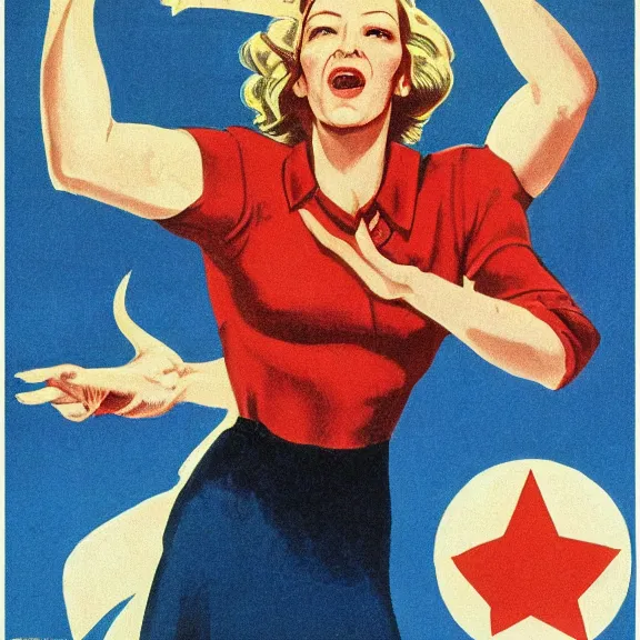 Image similar to soviet propaganda poster with cate blanchett calling on the world community to fight against Nazism, Ultra Detailed, soviet realism