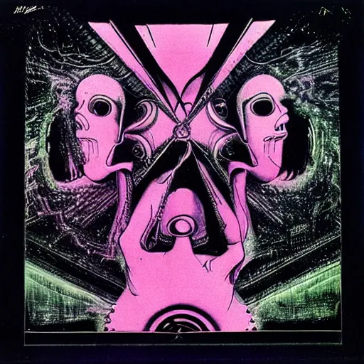 Image similar to post - punk new age album cover, magic, apocalypse, psychedelic, black white pink, magic, giger h. r.