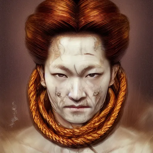 Image similar to portrait of a Shibari rope wrapped face and neck, headshot, insanely nice professional hair style, dramatic hair color, digital painting, of a old 18th century, Royal Emperor, amber jewels, baroque, ornate clothing, scifi, realistic, hyperdetailed, chiaroscuro, concept art, art by Franz Hals and Jon Foster and Ayami Kojima and Amano and Karol Bak,