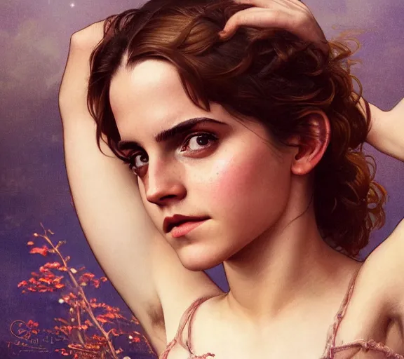 Image similar to photography of emma watson with hands - up and hairy armpits, deep focus, intricate, elegant, highly detailed, digital painting, artstation, concept art, matte, sharp focus, illustration, art by artgerm and greg rutkowski and alphonse mucha and gil elvgren