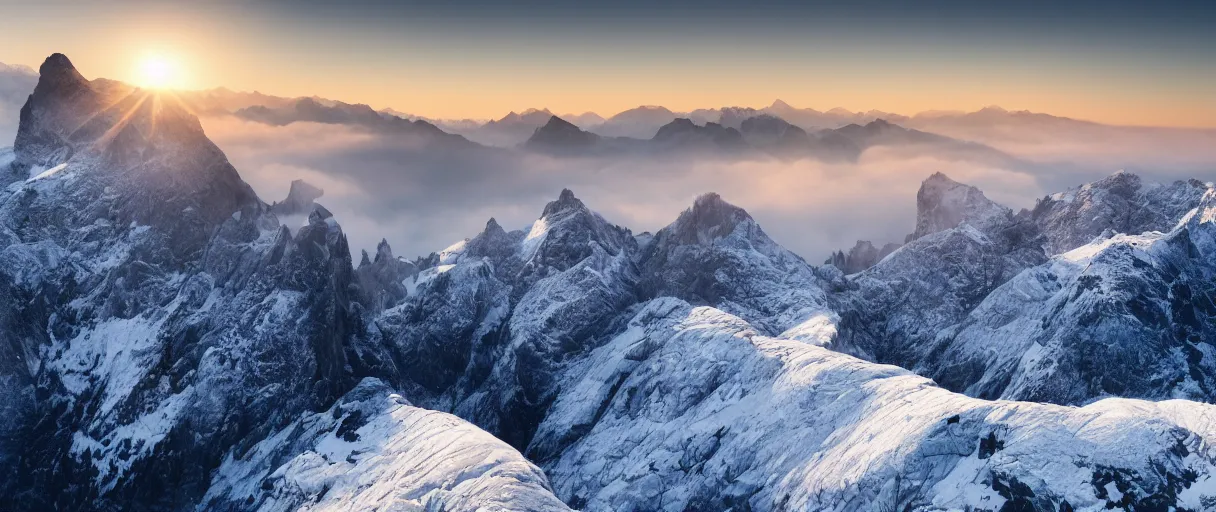 Prompt: a photorealistic breathtaking view of the eastern snow covered alps mountain range at sunrise, cliffs, volumetric light, haze, fog, snow, hyperrealism, rock edge, highly detailed, intricate, cinematic, front facing camera, cinematic, epic lighting, 8 k