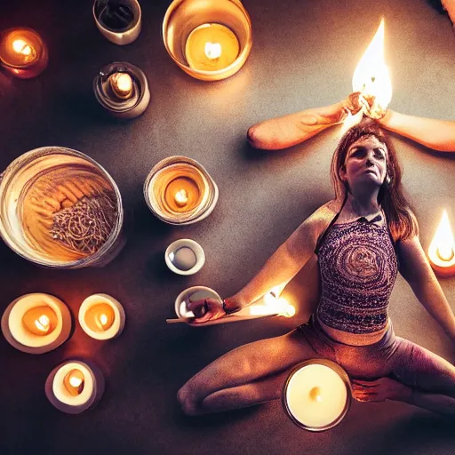 Image similar to portrait of yogawoman making homemade candles, photoshot, hyper detailed, 8k,