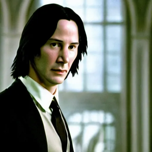 Image similar to Film Still of a Young Keanu Reeves playing a Young Severus Snape in Harry Potter, Film Still, realistic, hyperrealistic, very realistic, very very realistic, highly detailed, very detailed, extremely detailed, detailed, detailed face, very detailed face, very detailed face, realism, HD Quality, 8k resolution, intricate details, body and head in frame, Real Life