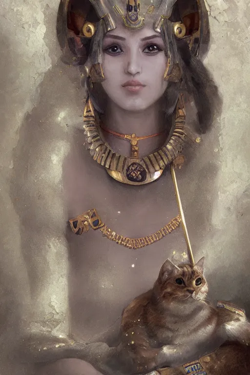 Image similar to portrait of the beautiful egyptian goddess, bastet, bast, woman / cat hybrid, soft torchlight in an egyptian tomb, digital art by ruan jia and mandy jurgens and artgerm and william - adolphe bouguereau, highly detailed, trending on artstation, award winning,