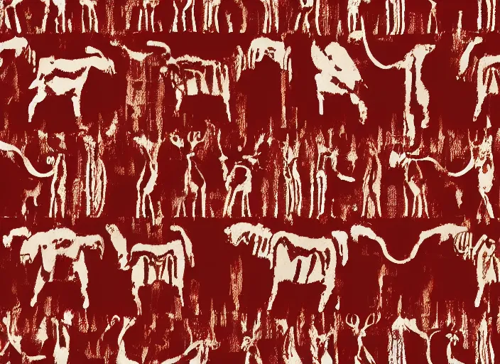 Prompt: painted pattern which figures of ancient hunters mammoths and ancient vw buses, rock cave painting, red ocher, finger painting