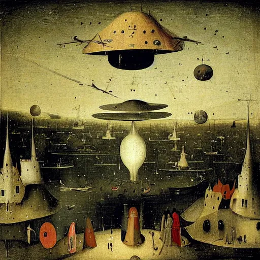 Prompt: a ufo fleet over a european town at night abducting people in their pajamas painting by hieronymus bosch