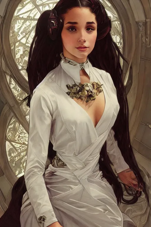 Image similar to evil cottagecore Ariana Grande , business chic attire, office setting, intricate, elegant, highly detailed, digital painting, artstation, concept art, smooth, sharp, focus, illustration, art by artgerm and greg rutkowski and alphonse mucha