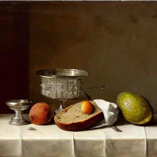 Image similar to still life by willem claesz heda, avocados, bread, linen, a fly, silver, overturned chalice, goblets,