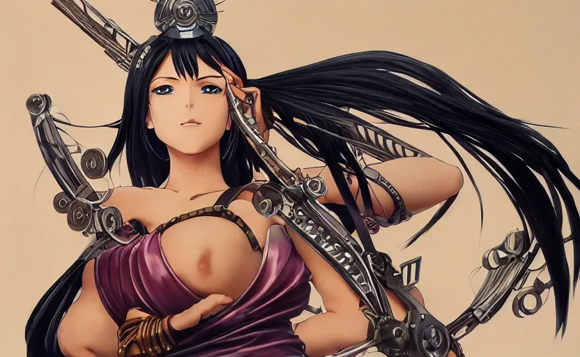 Image similar to mechanized valkyrie of nico robin from one piece, anime style, konami mecha, spread wings, hair down, symmetrical facial features, from arknights, hyper realistic, 4 k, rule of thirds, extreme detail, detailed drawing, trending artstation, hd, d & d, realistic lighting, by alphonse mucha, greg rutkowski