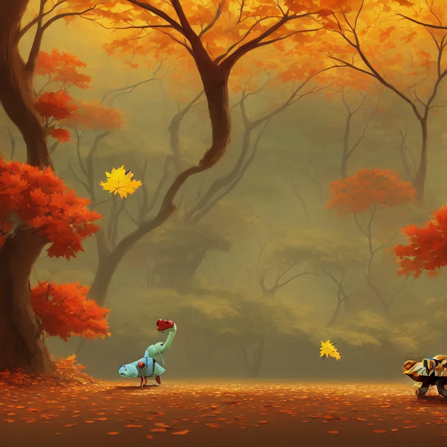 Prompt: Goro Fujita illustrating a tortoise walking through a beautiful autumn forest, art by Goro Fujita, sharp focus, highly detailed, ArtStation