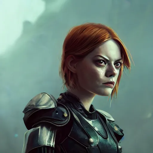 Image similar to emma stone portrait, dystopia core, apocalyptic, armor, warrior, dramatic, sharp focus, fiction, neon, fantasy, hyper detailed, digital art, trending in artstation, cinematic lighting, studio quality, smooth render, unreal engine 5 rendered, octane rendered, art style and nixeu and wlop and krenz cushart