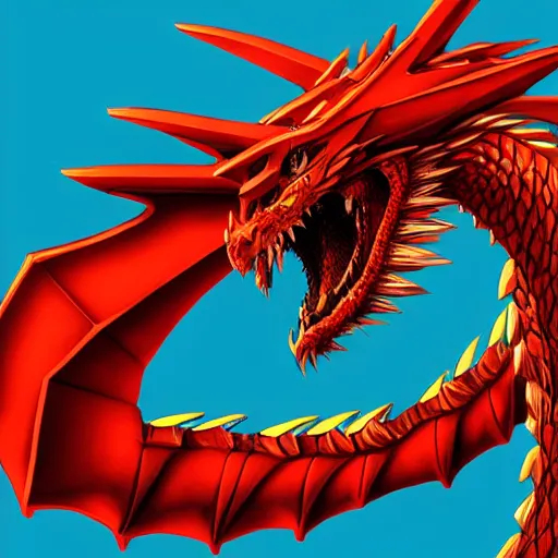 Prompt: a majestic dragon with azure blue eyes, iron claws, golden wings and scarlet red skin, hd, 4k, trending on artstation, award winning, 8k, 4k, 4k, very very very detailed, high quality pixel art