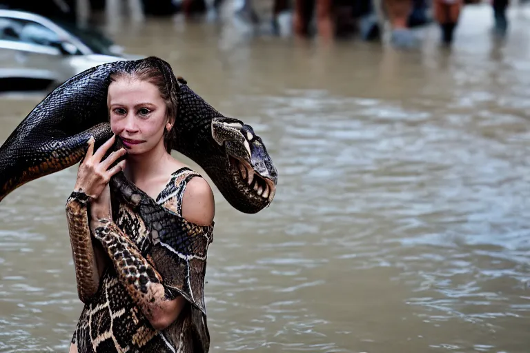 Prompt: closeup portrait of a woman carrying a python over her head in a flood in Rundle Mall in Adelaide in South Australia, photograph, natural light, sharp, detailed face, magazine, press, photo, Steve McCurry, David Lazar, Canon, Nikon, focus