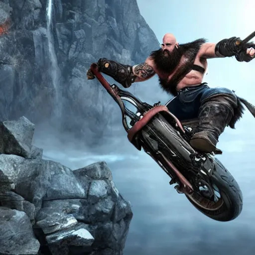 Image similar to kratos, with leviathan axe, jumping a black harley - davidson motorcycle off a cliff, cinematic render, playstation studios official media, god of war 2 0 1 8, flames, centered