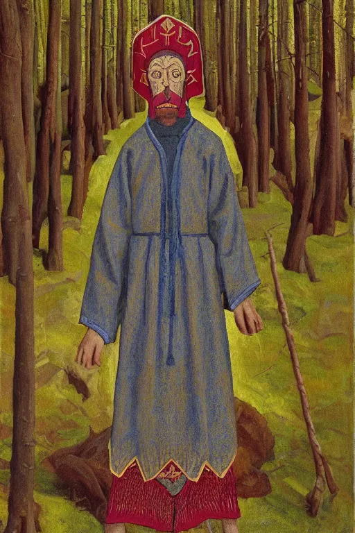 Prompt: slavic dog head man, woolen torso in medieval clothes, walking in the forest, orthodox, oil painting, concept art, hyperrealism, beautiful, high resolution, trending on artstation, by annie swynnerton and nicholas roerich, embroidered robes, elaborate costume,