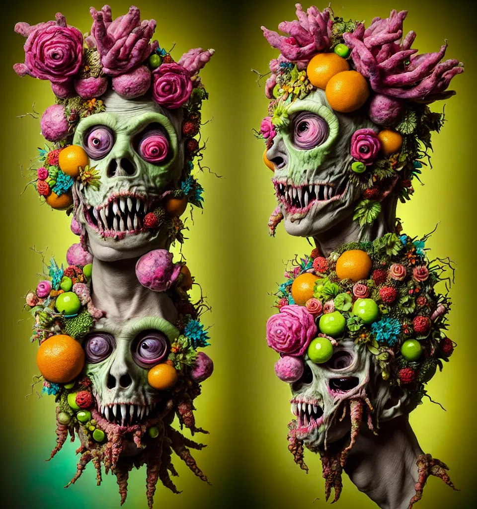 Prompt: eadshot of a trickster nature zombie, head made of fruit and flowers in the style of arcimboldo, fragonard, covered with tendrils and snail shells, oil painting, ethereal, atmospheric lighting, action figure, clay sculpture, claymation, turquoise pink and green, botanical rainbow backdrop