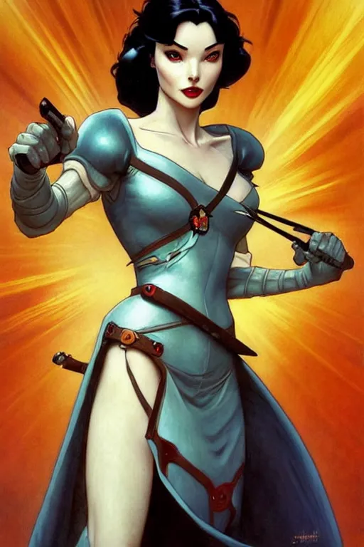 Image similar to warrior snow white as aeon flux profile picture by Margaret Keane, dynamic pose, intricate, futuristic, fantasy, elegant, by Stanley Artgerm Lau, greg rutkowski, thomas kindkade, alphonse mucha, loish, norman Rockwell,