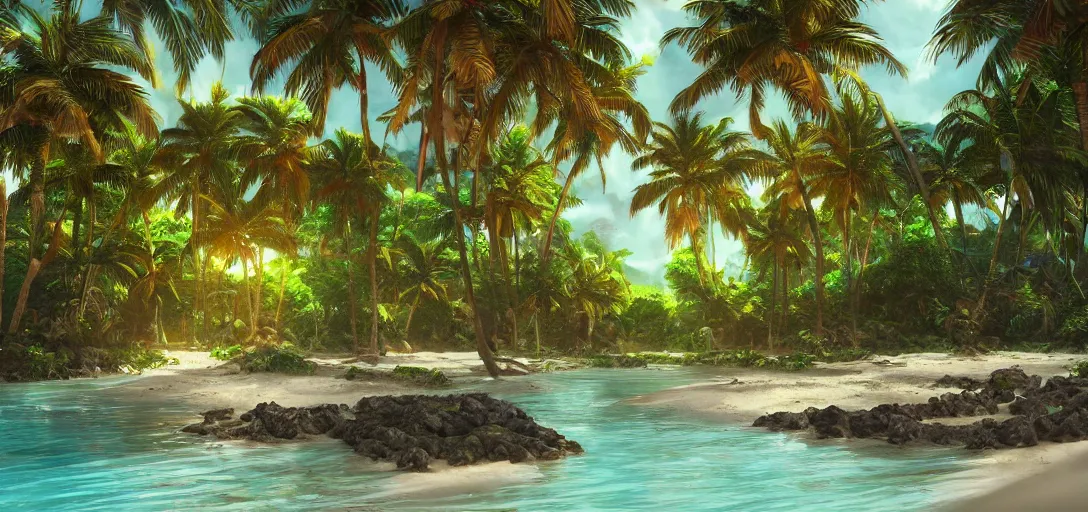 Image similar to beautiful tropical island beach, lush vegetation, white sand beach, tropic plants and flowers, clear water, dramatic lighting, cinematic, establishing shot, extremely high detail, foto realistic, cinematic lighting, post processed, concept art, artstation, thick oil painting, style by greg carter