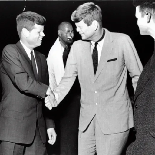 Prompt: john f kennedy shaking hands with et, photograph