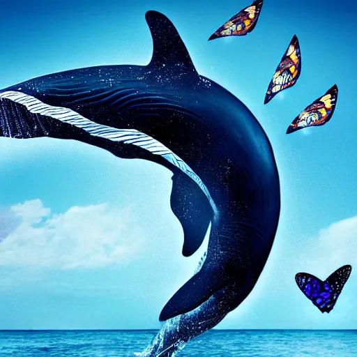 Prompt: photomanipulation of a whale that has tiny butterfly wing, the wing is inspired by hologram butterflies, fully detailed, 4 k, real footage