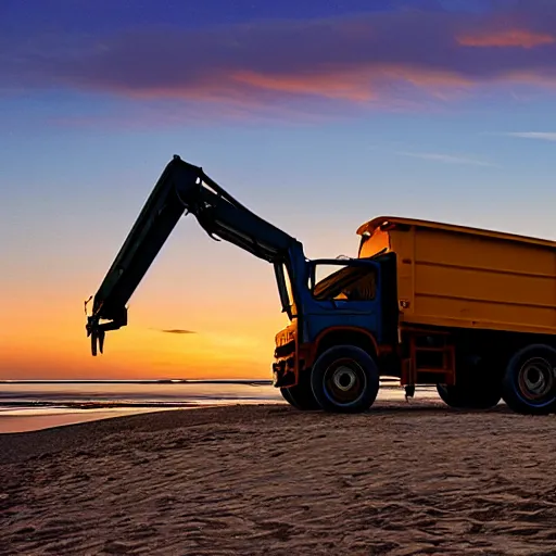 Image similar to a dump truck chilling on the beach, sunset