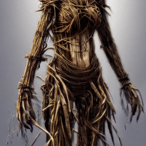 Image similar to amazing detailed realistic concept art of a female scarecrow made of twigs and metal, digital art artstation