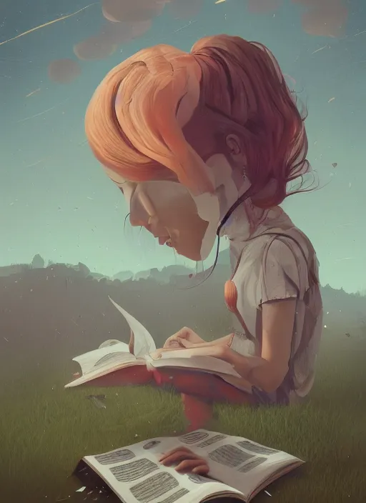 Image similar to a girl reading a book, her hair flowing down, surreal photography, digital painting, artstation, simon stalenhag