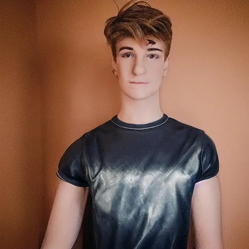 Image similar to “a realistic detailed photo of a guy who is an attractive humanoid who is half robot and half humanoid, who is a male android, twitch streamer Ninja Tyler Blevins, shiny skin, posing like a statue, blank stare, gaming room, close up”