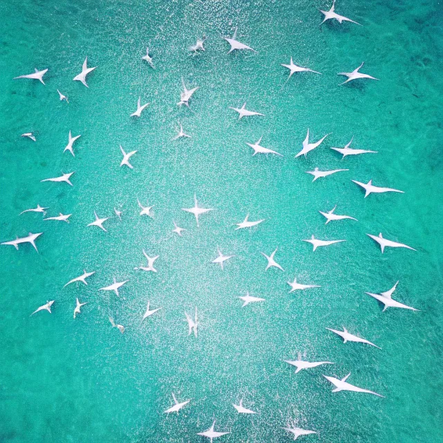 Image similar to looking down at thousands of hammerhead sharks, sharp focus, octane render